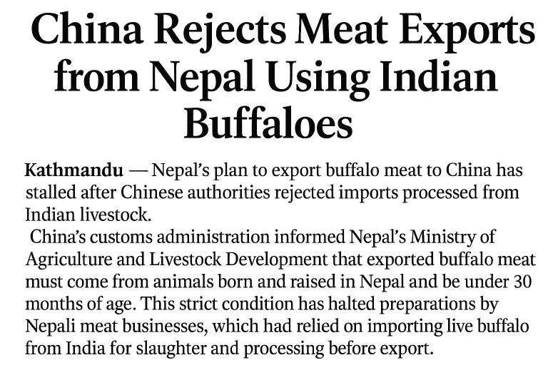 Nepal’s plan to export buffalo meat to China has stalled after Chinese authorities rejected imports processed from Indian livestock.